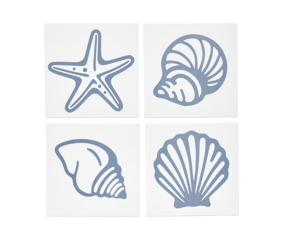 Quatre autocollants pour carrelage à motifs maritimes : étoile de mer et coquillages.