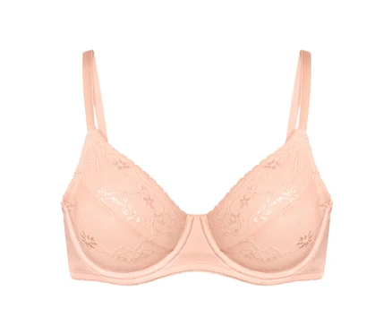Soutien-gorge à armatures abricot avec de la dentelle.