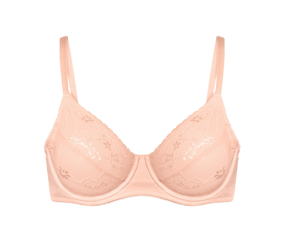 Soutien-gorge à armatures abricot avec de la dentelle.
