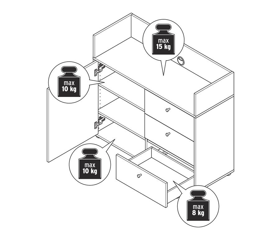 Illustration d'un buffet avec tiroirs et porte, avec un compartiment supérieur et un tiroir ouverts.