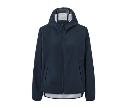 Veste softshell bleu marine avec capuche et fermeture éclair au centre.
