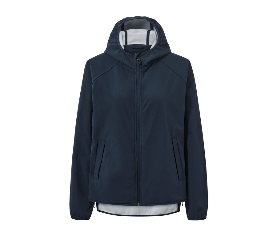 Veste softshell bleu marine avec capuche et fermeture éclair au centre.