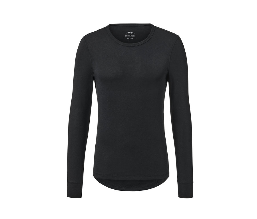 Sous-vêtement thermique fonctionnel noir à manches longues sur fond blanc.