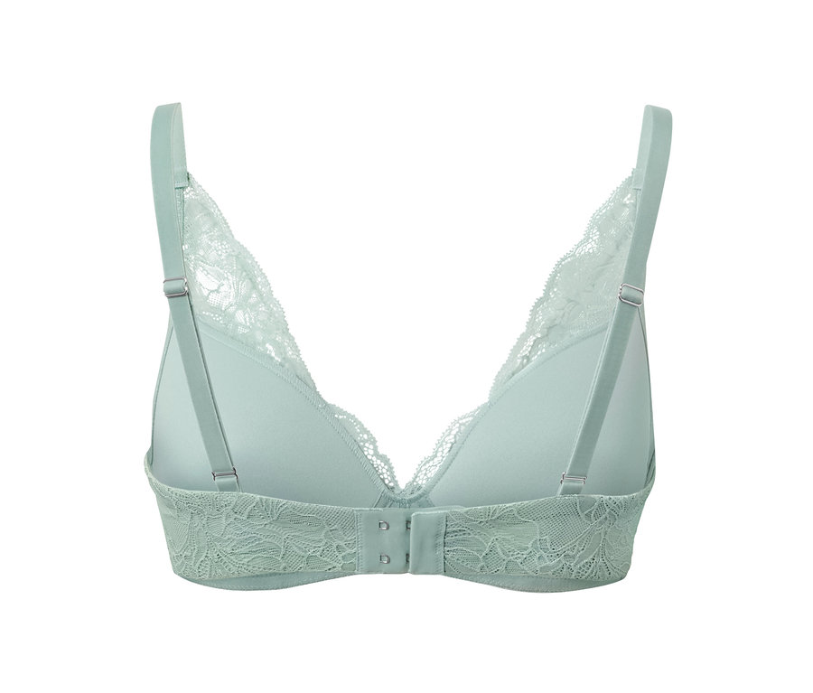Soutien-gorge turquoise à coques souples avec bordure en dentelle et fermeture arrière.