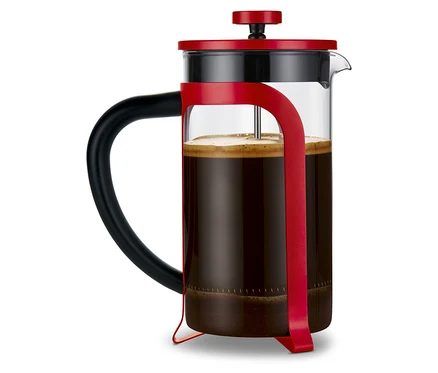 Une cafetière à piston rouge de 800 ml, 6 tasses, sur un fond blanc.