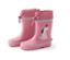 Bottes de pluie roses avec un chien.