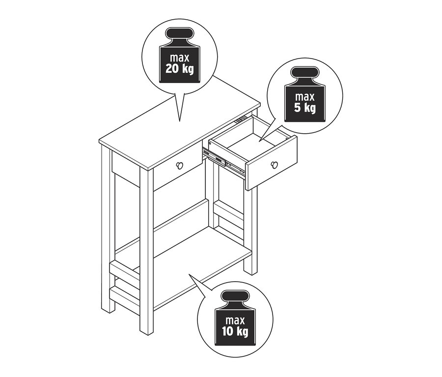 Schéma d'une console avec 2 tiroirs, dont un tiroir ouvert. La charge maximale est de 20 kg pour le plateau, 5 kg pour le tiroir et 10 kg pour l'étagère inférieure.