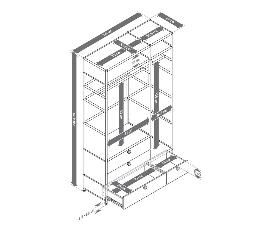 Schéma d'une commode en métal « CN3 » avec 2 tringles et 4 tiroirs, avec les dimensions correspondantes.