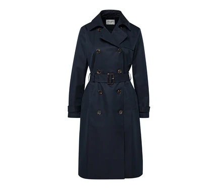 Trench-coat bleu foncé avec ceinture et boutons.