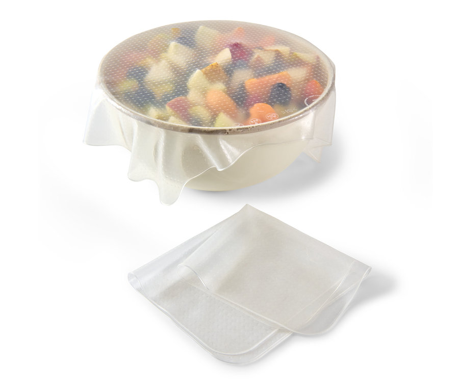 Un bol de fruits recouvert d'un des 2 films alimentaires en silicone.