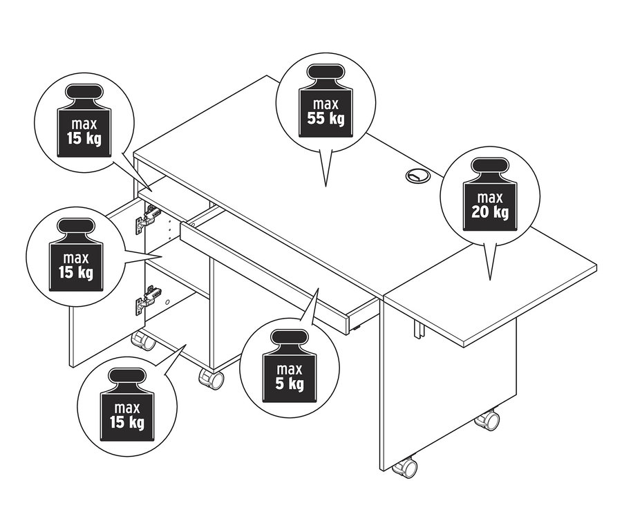 Illustration d'une table multifonction avec un plateau extensible et des limites de charge maximales.