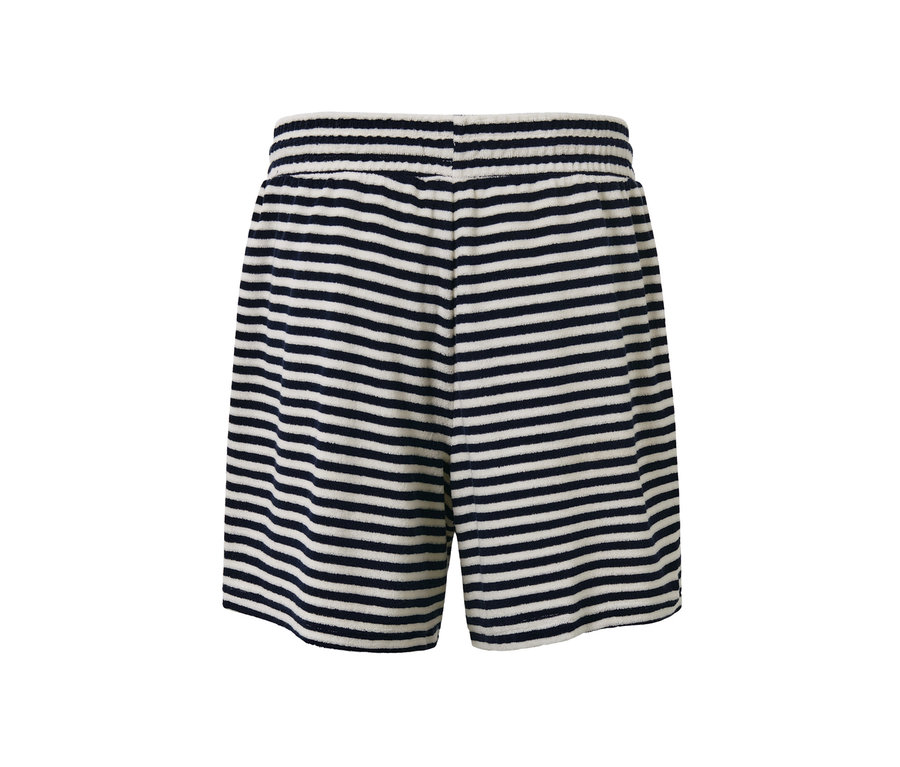 Vue arrière d'un short en tissu éponge rayé bleu marine et blanc.
