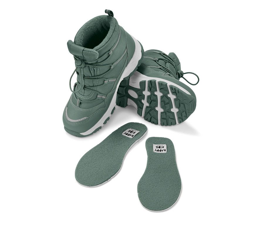 Bottines thermiques pour enfant vertes et semelles intérieures.