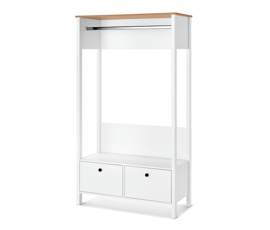 Penderie blanche avec de grands tiroirs et un dessus en bois.