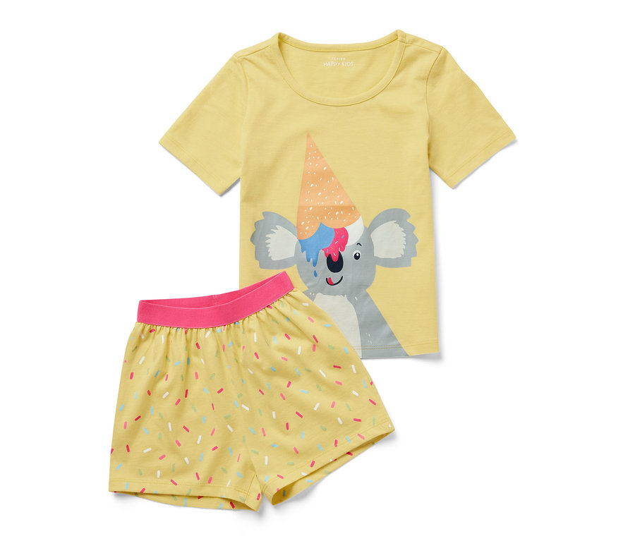 Pyjama court jaune pour enfant avec motif koala et glace.
