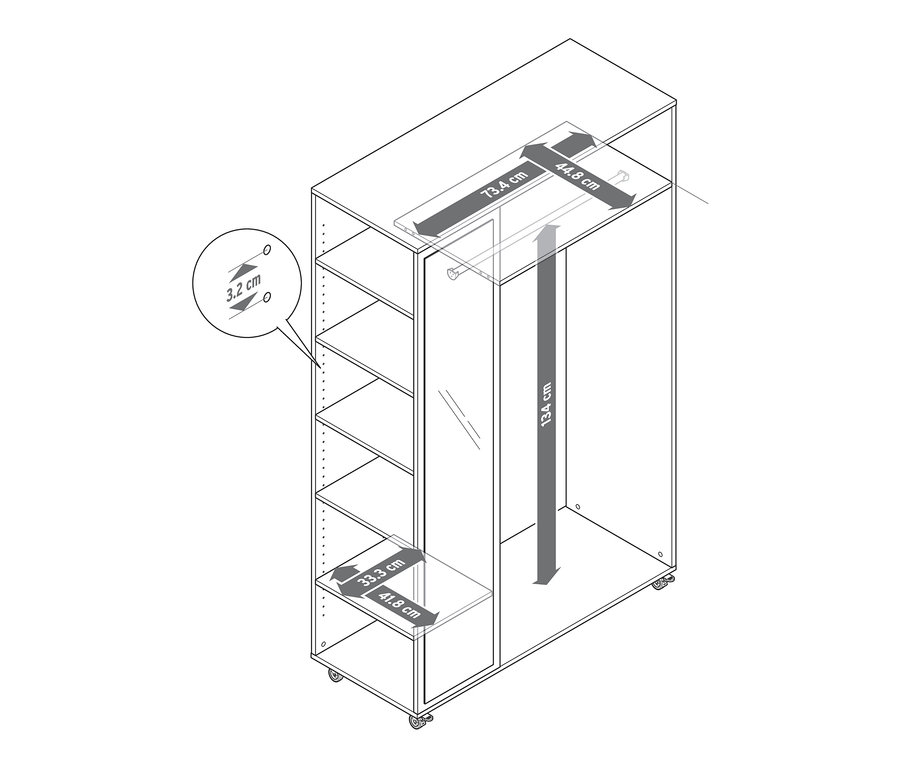 Schéma d'une garde-robe mobile avec miroir et dimensions.
