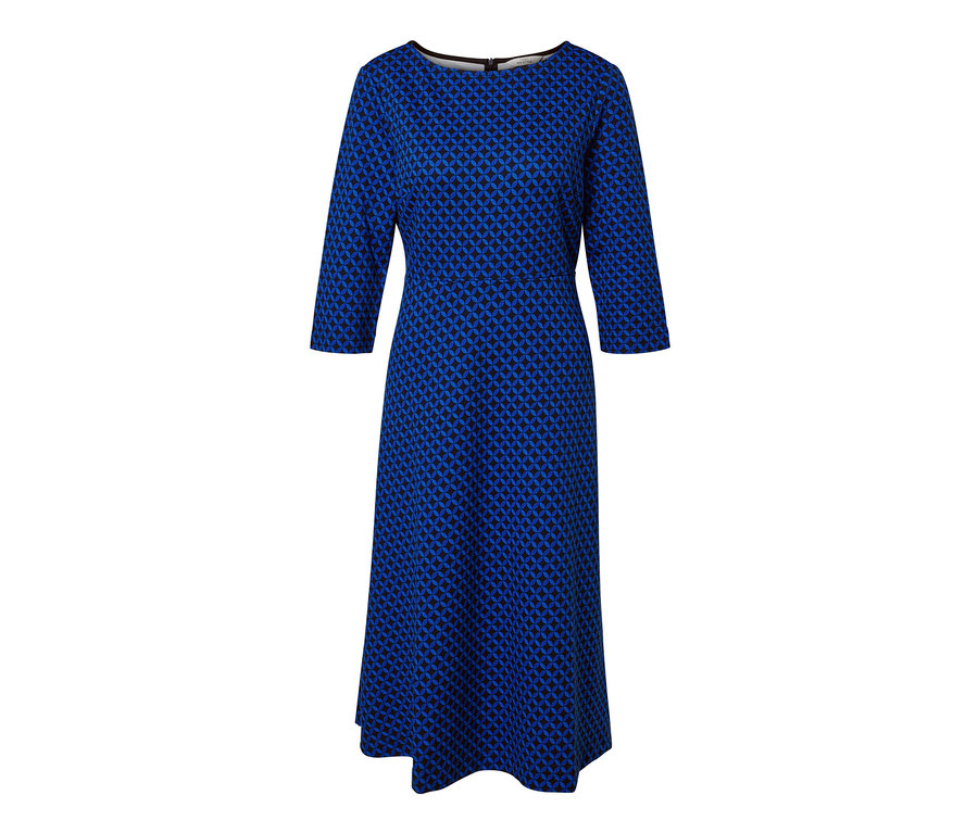 Robe en jersey bleue avec motif géométrique.