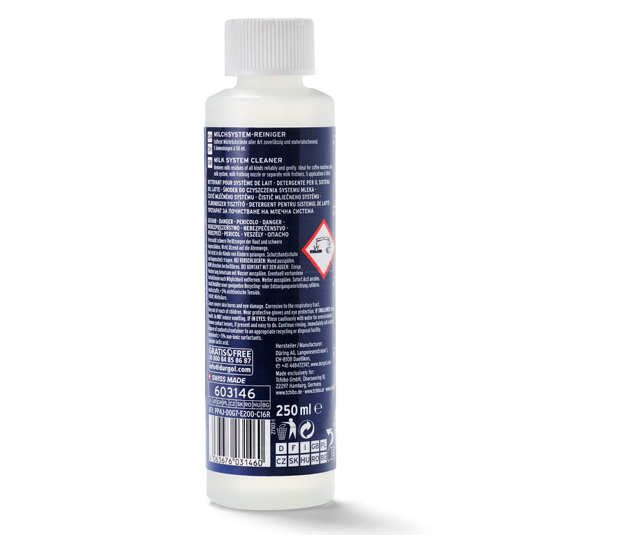 Bouteille blanche de nettoyant pour système à lait durgol® de 250 ml.