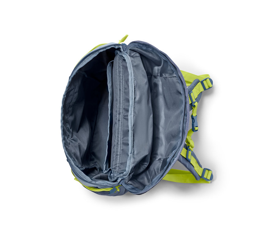 Sac à dos d’extérieur ouvert bleu et vert lime.