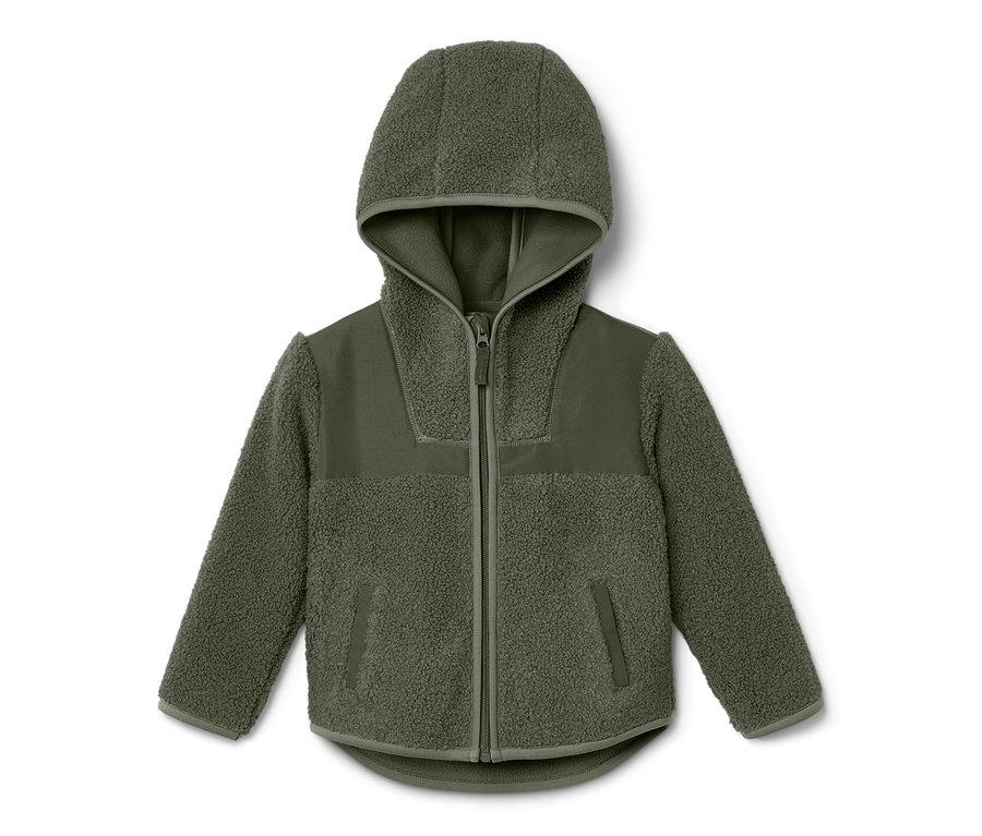 Jaquette en polaire teddy verte pour enfant avec capuche et fermeture éclair.
