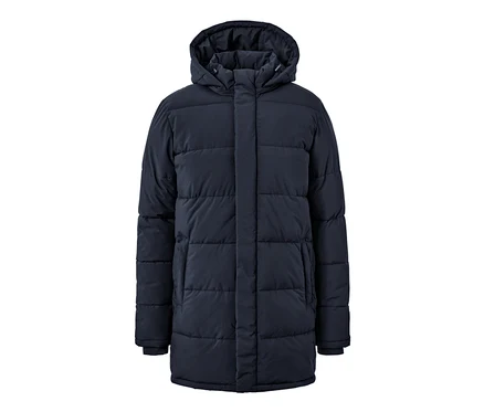 Parka matelassée bleu marine avec capuche.