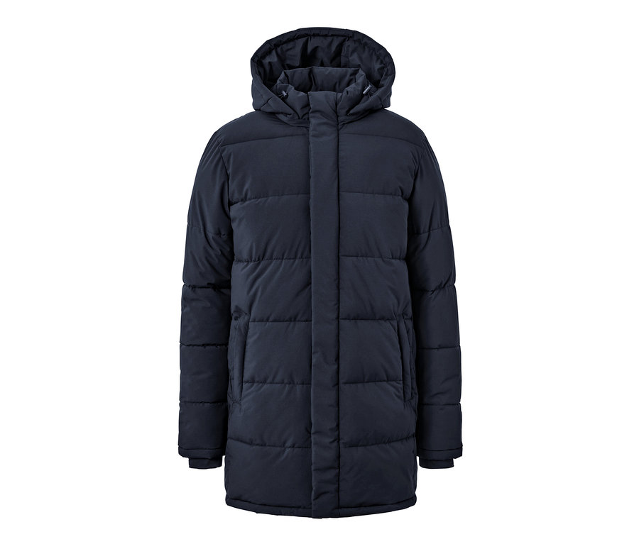 Parka matelassée bleu marine avec capuche.