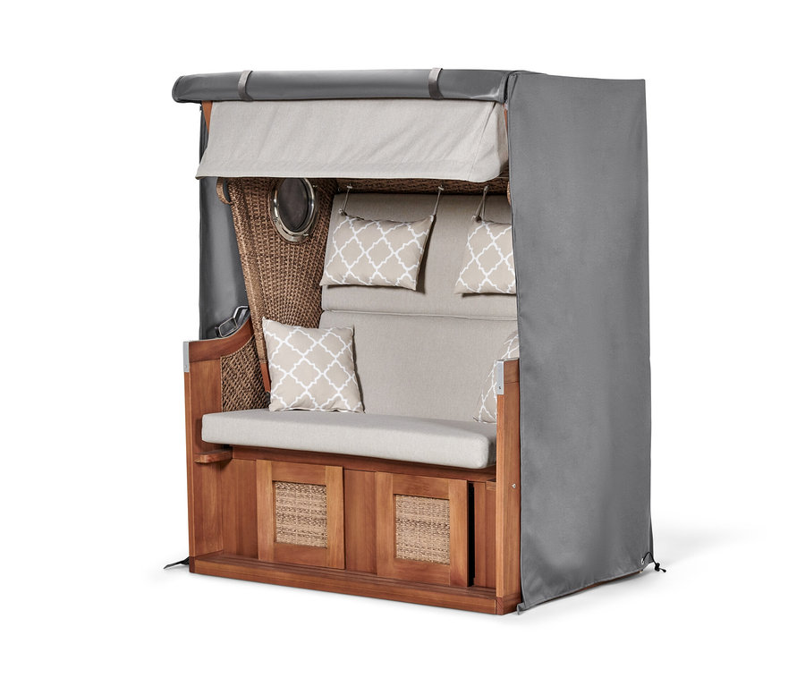 Un panier de plage marron XL avec des coussins beiges et une housse de protection premium grise.