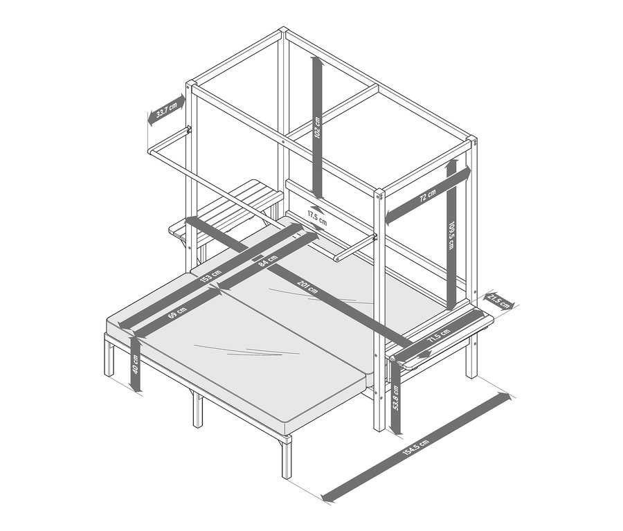 Schéma d'une chaise de plage Lounge « Tinus » avec repose-pieds extensible et dimensions associées.