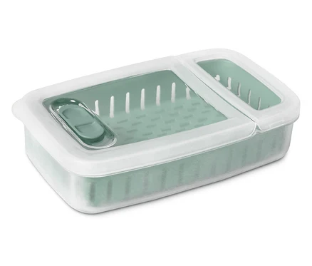 Boîte de conservation verte avec couvercle blanc.