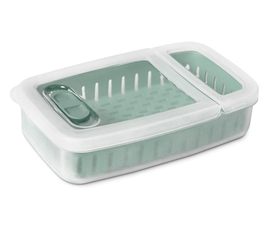 Boîte de conservation verte avec couvercle blanc.