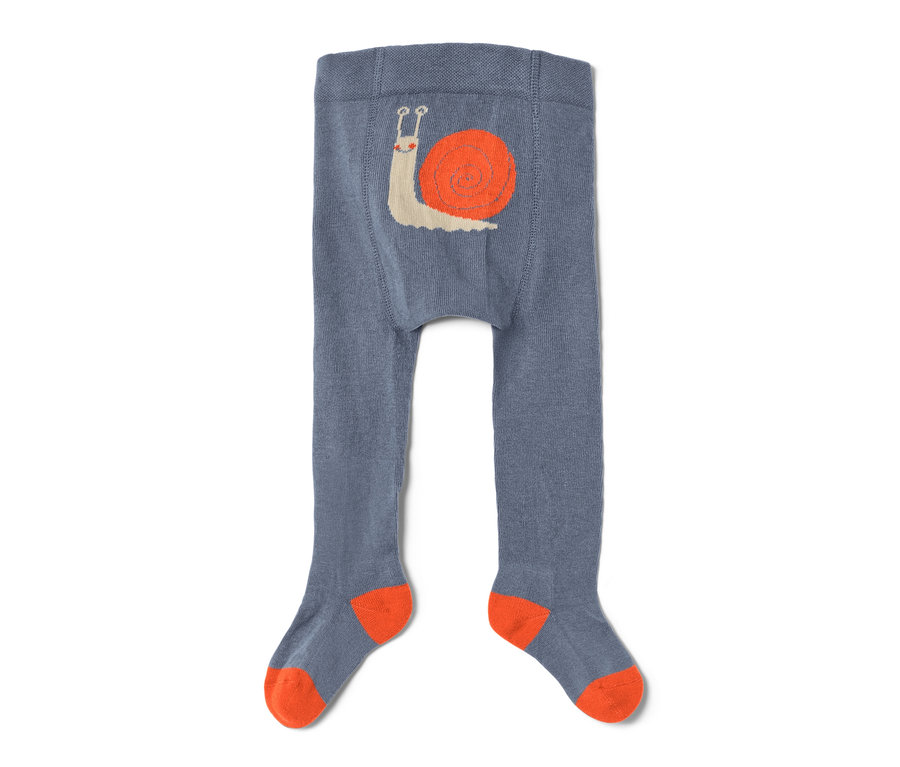 Collant bleu pour bébé avec des orteils orange et un motif d'escargot sur le dessus.