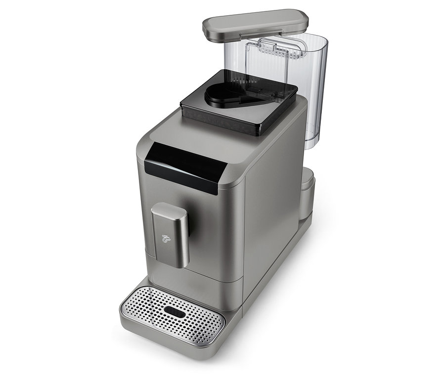 Gros plan sur la machine à café entièrement automatique « Esperto2 Caffè » en Titanium Silver.