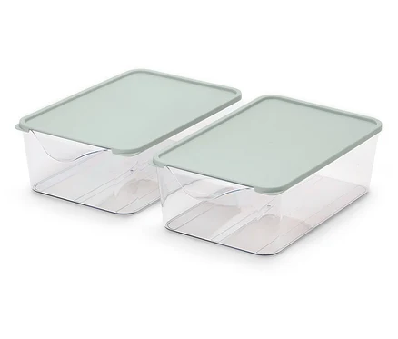 Deux boîtes de rangement en plastique transparent avec couvercle vert clair.