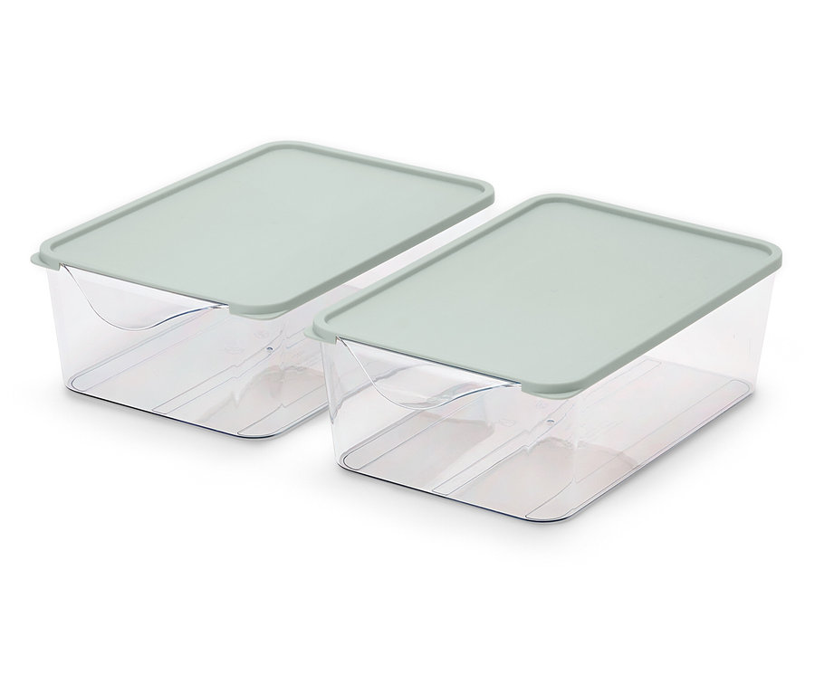Deux boîtes de rangement en plastique transparent avec couvercle vert clair.