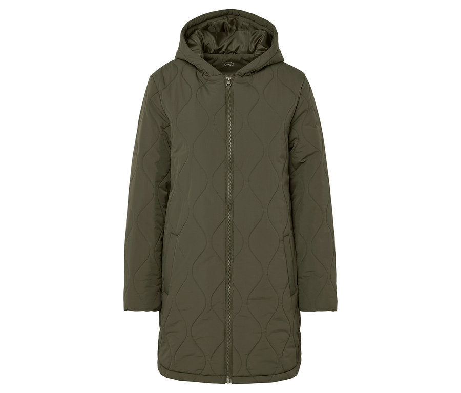 Manteau matelassé vert olive avec capuche et fermeture éclair au centre.