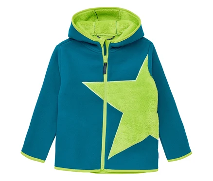 Veste polaire douillette pétrole JAKO-O avec une étoile vert clair sur le devant.