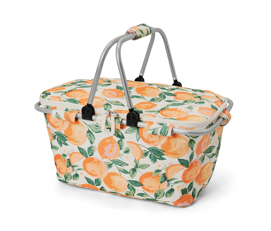Panier isotherme à motif orange avec poignée argentée.