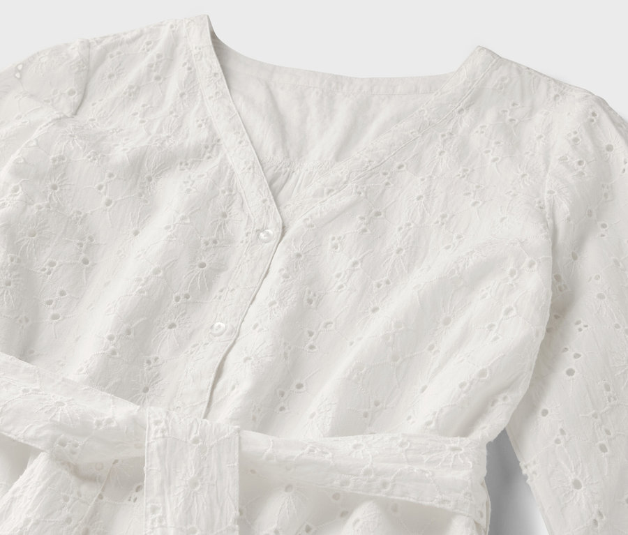 Détail d'une robe blanche avec broderie ajourée.
