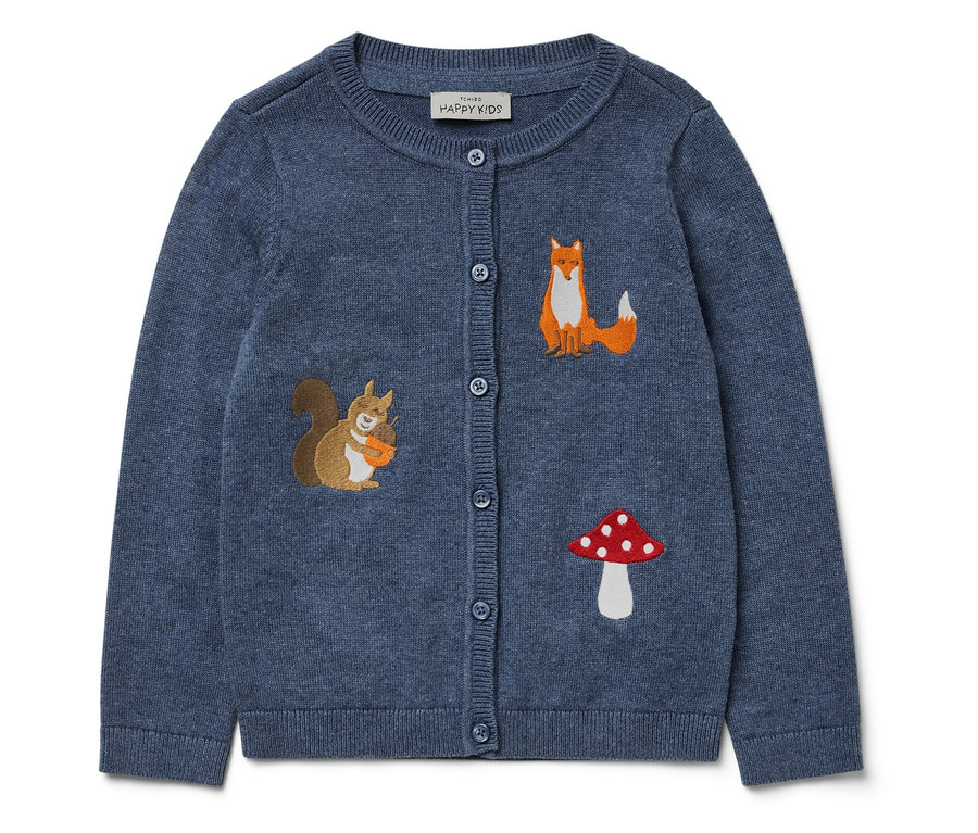 Cardigan bleu pour enfants avec broderies d'écureuil, de renard et de champignon.