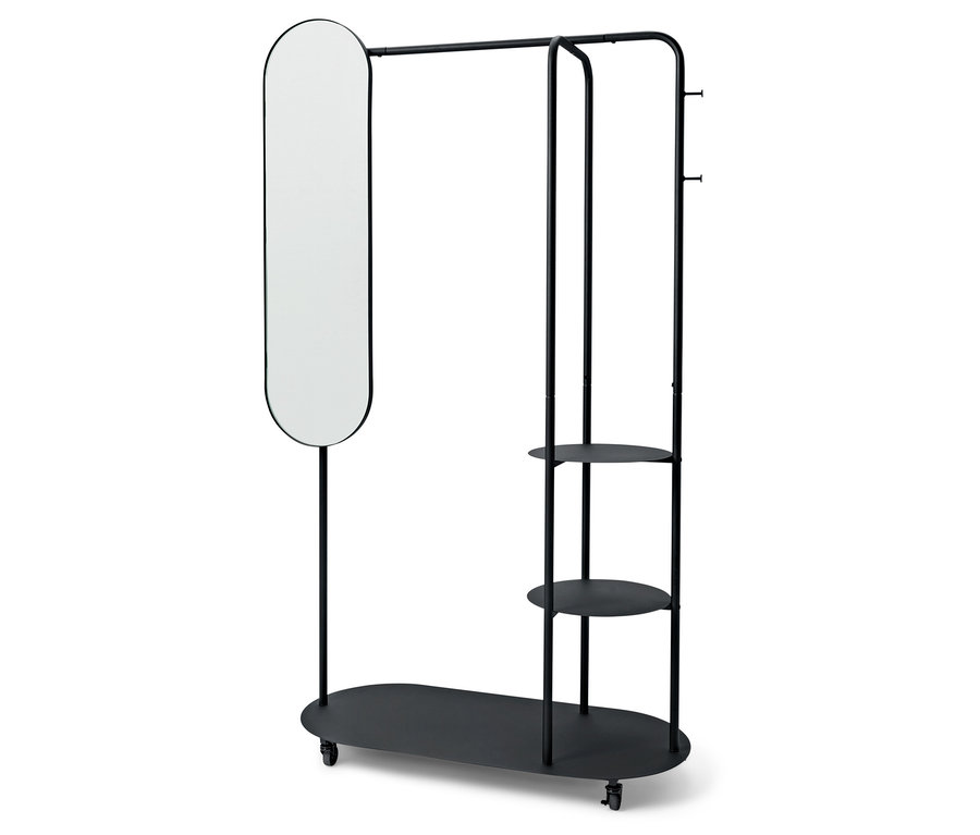 Portant noir avec miroir ovale et étagères.