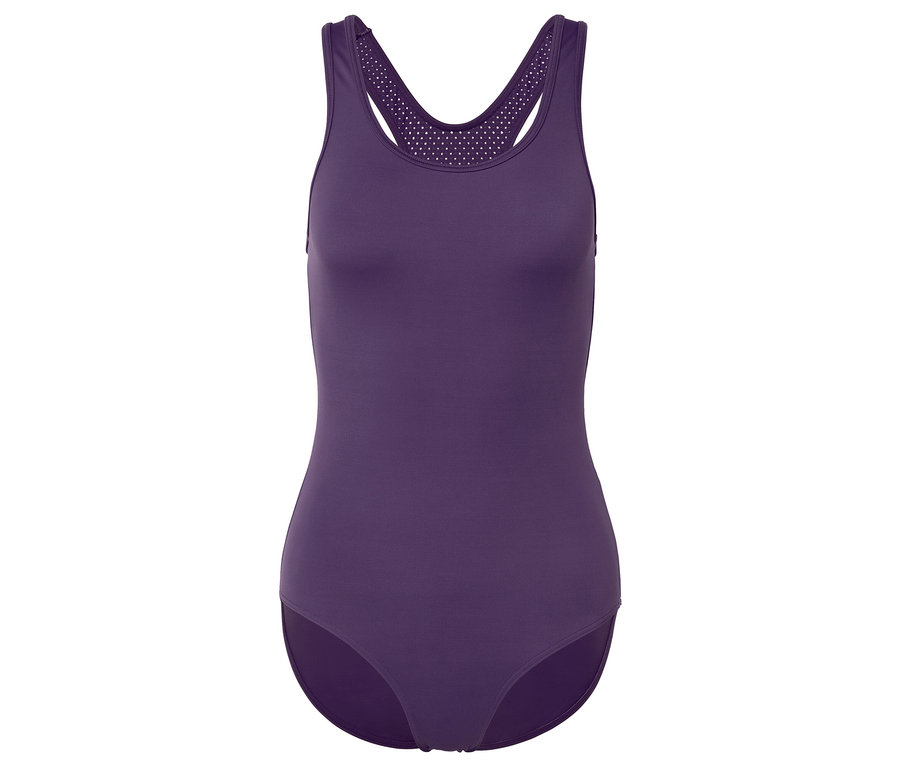 Body violet pour femme avec encolure dégagée et dos en maille.