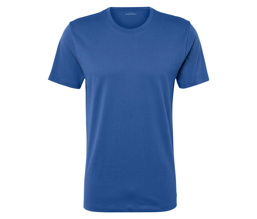 T-shirt bleu à manches courtes sur fond blanc.
