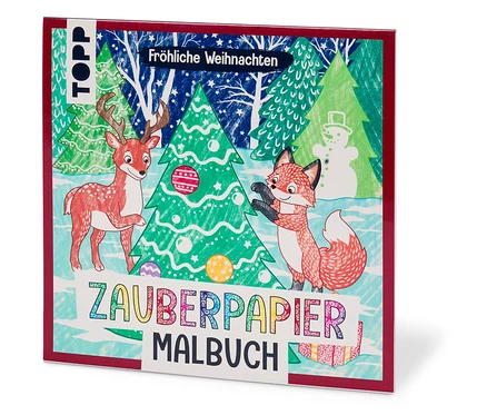 Un livre de coloriage sur le thème de Noël, comprenant un cerf, un renard et un bonhomme de neige.