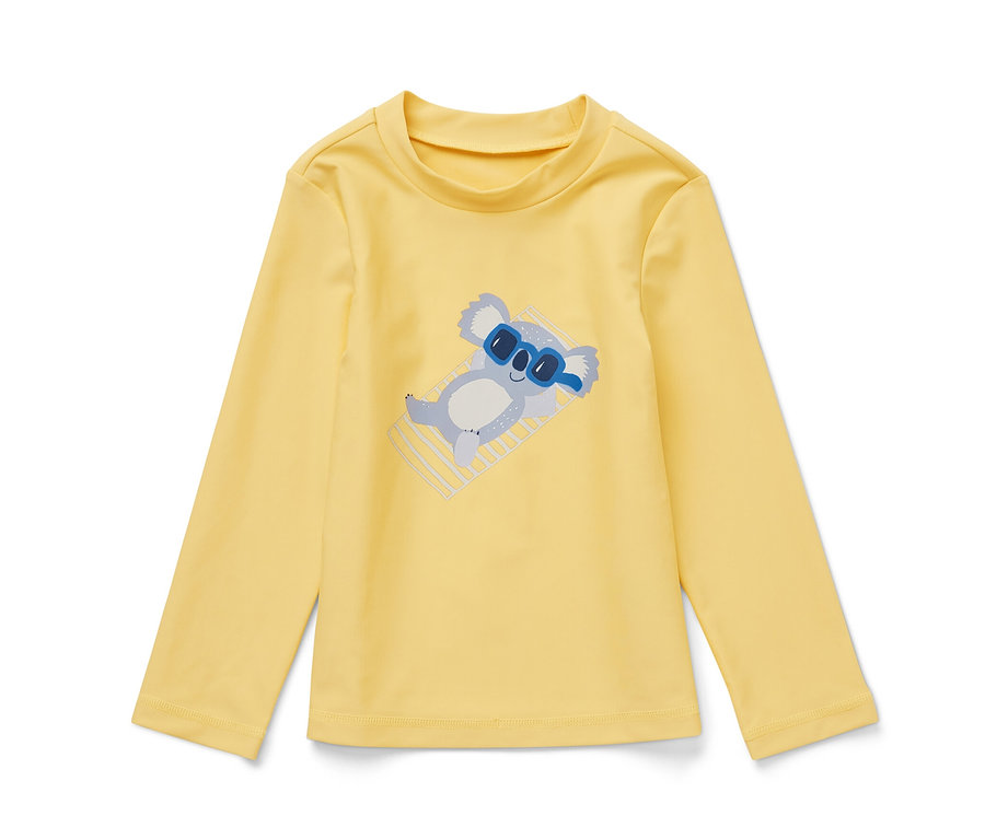 T-shirt jaune pour enfant avec protection UV 80 et motif koala.