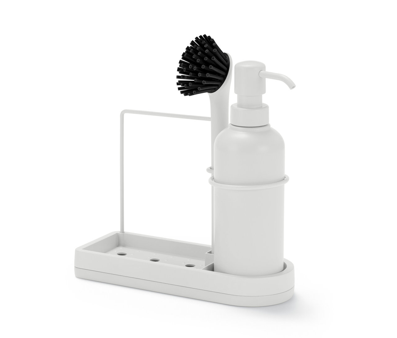 Organisateur d’évier blanc avec distributeur de savon et brosse.