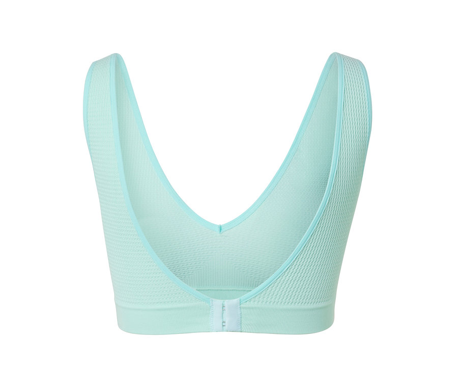 Vue détaillée d'un soutien-gorge sans coutures bleu clair avec structure.