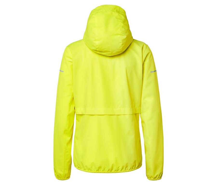 Vue arrière d'une veste jaune néon à capuche.