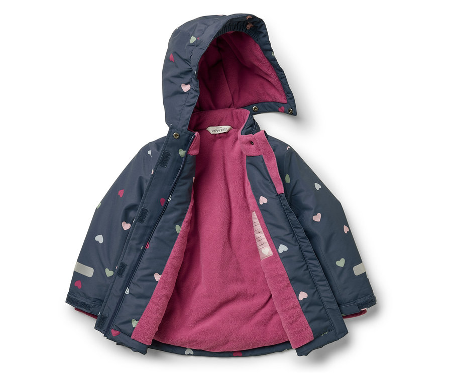 Veste ouverte bleu marine à capuche avec doublure polaire rose et imprimé coeurs.