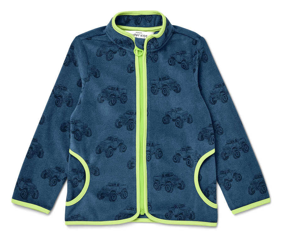 Veste en polaire bleue avec motif de voitures.