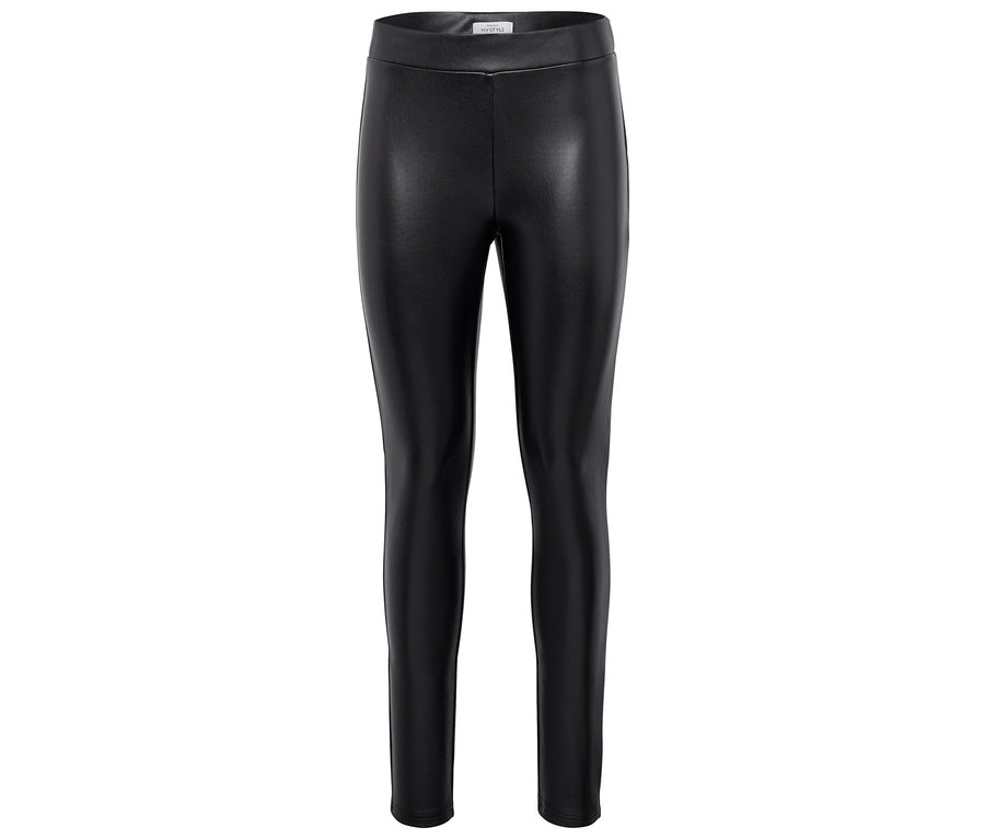 Leggings en cuir noir sur fond blanc.